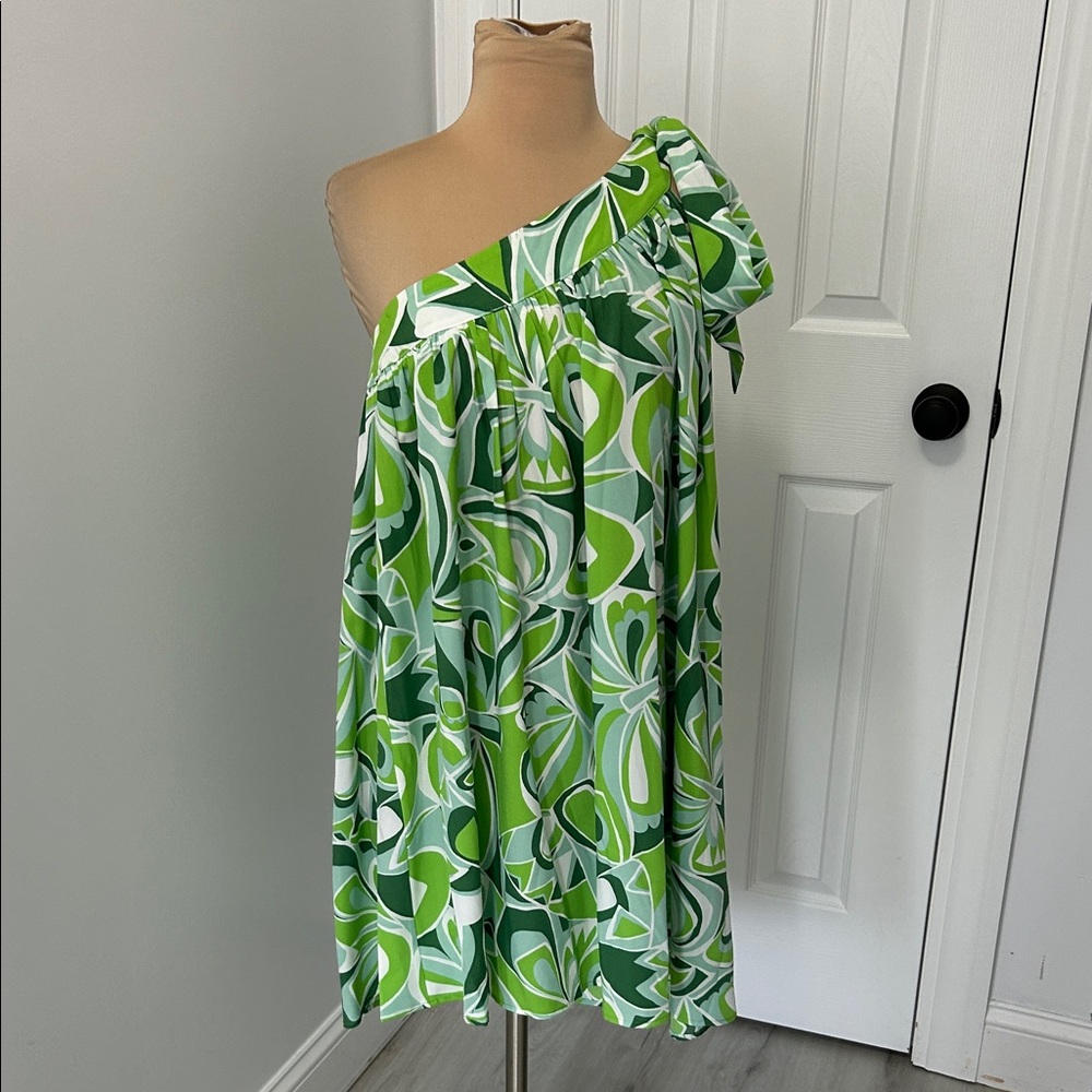 Aakaa Green White Abstract One Shoulder Mini Dress